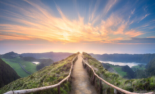 Mountain landscape with hiking trail and view of beautiful lakes Ponta Delgada, Sao Miguel Island, Azores, Portugal.